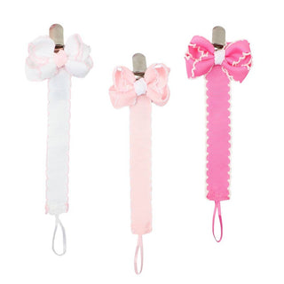Crochet Edge Grosgrain Pacifier Clip w/ Detachable Bow: White w/ White Crochet Edge - Chickie Collective