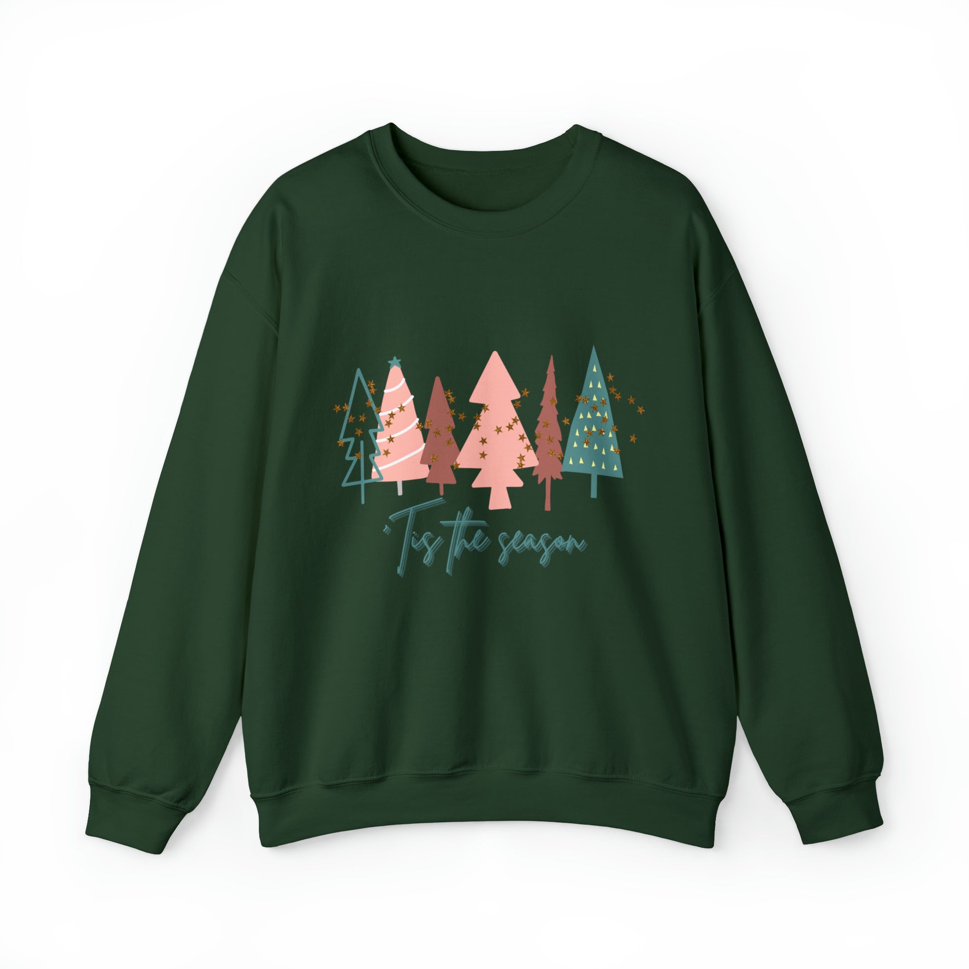 A cozy green Christmas Tree Sweatshirt with trees on it, perfect for winter.