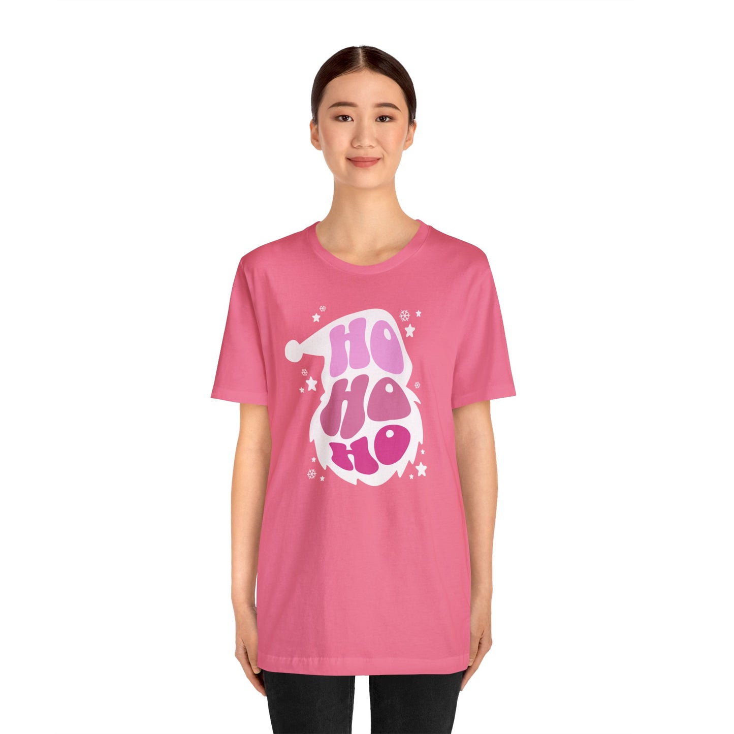 A woman wearing a lightweight pink cotton Printify Unisex Jersey Short Sleeve Tee that says oh oh.