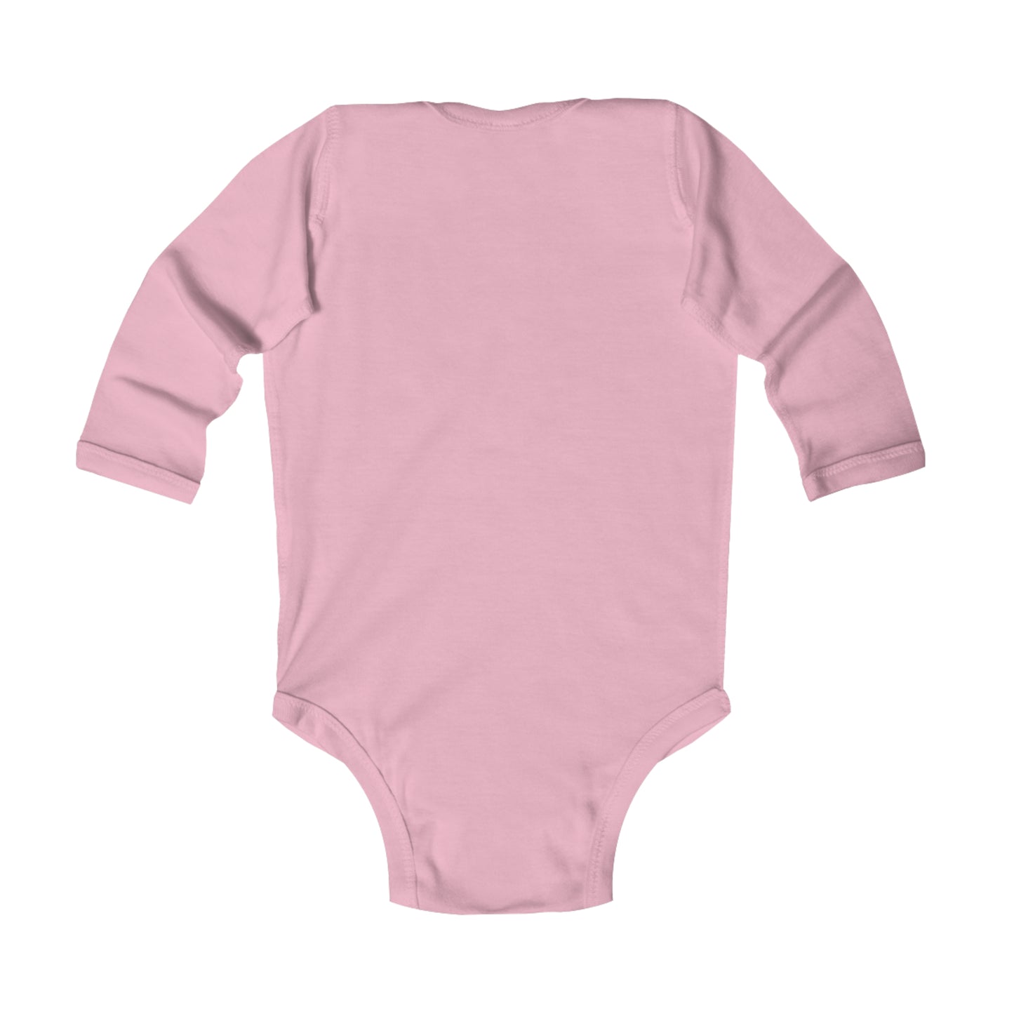 An Christmas Tree Infant Long Sleeve Bodysuit in pink, perfect for baby's first Printify celebration.