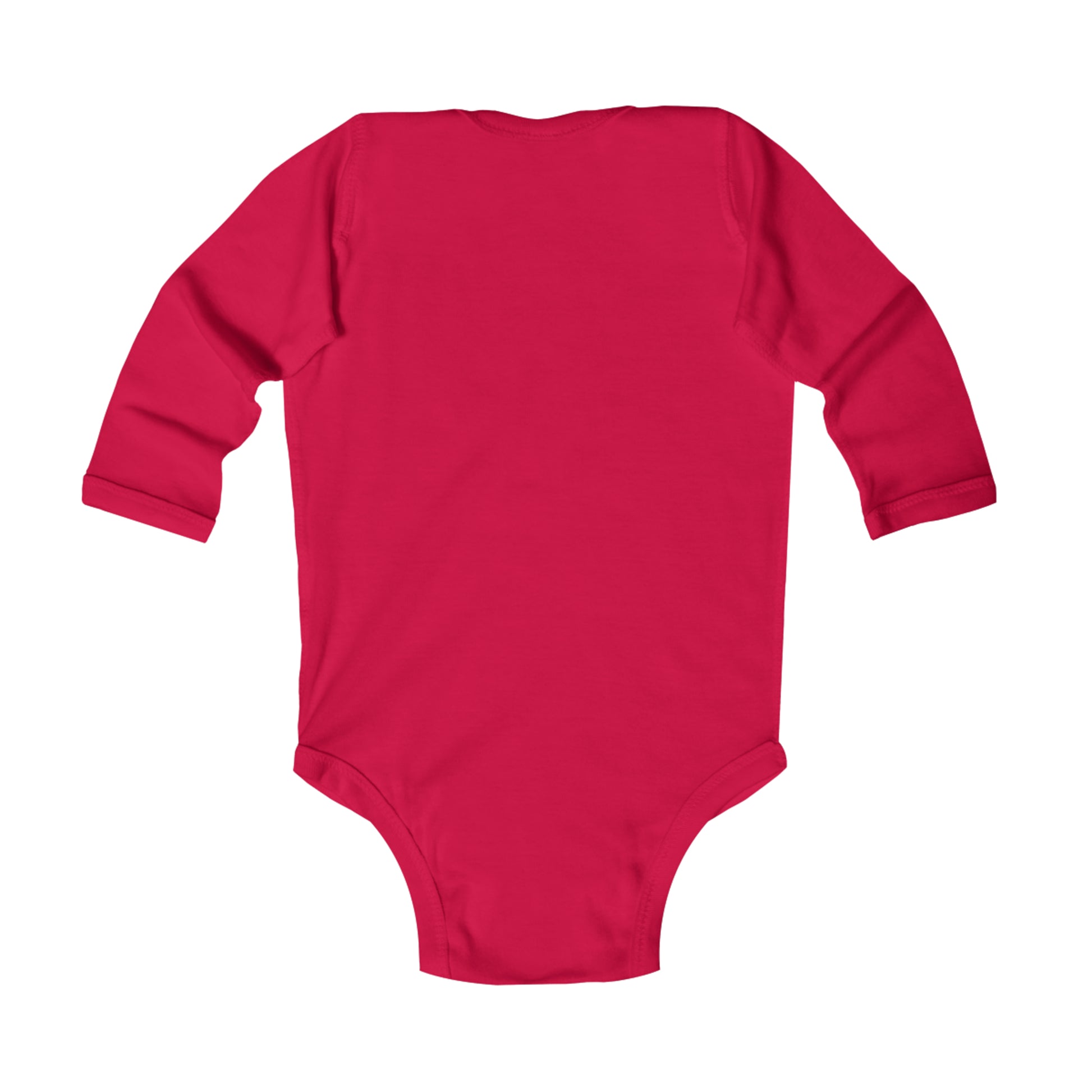 A red Printify Christmas Tree Infant Long Sleeve Bodysuit, perfect for daily wear.