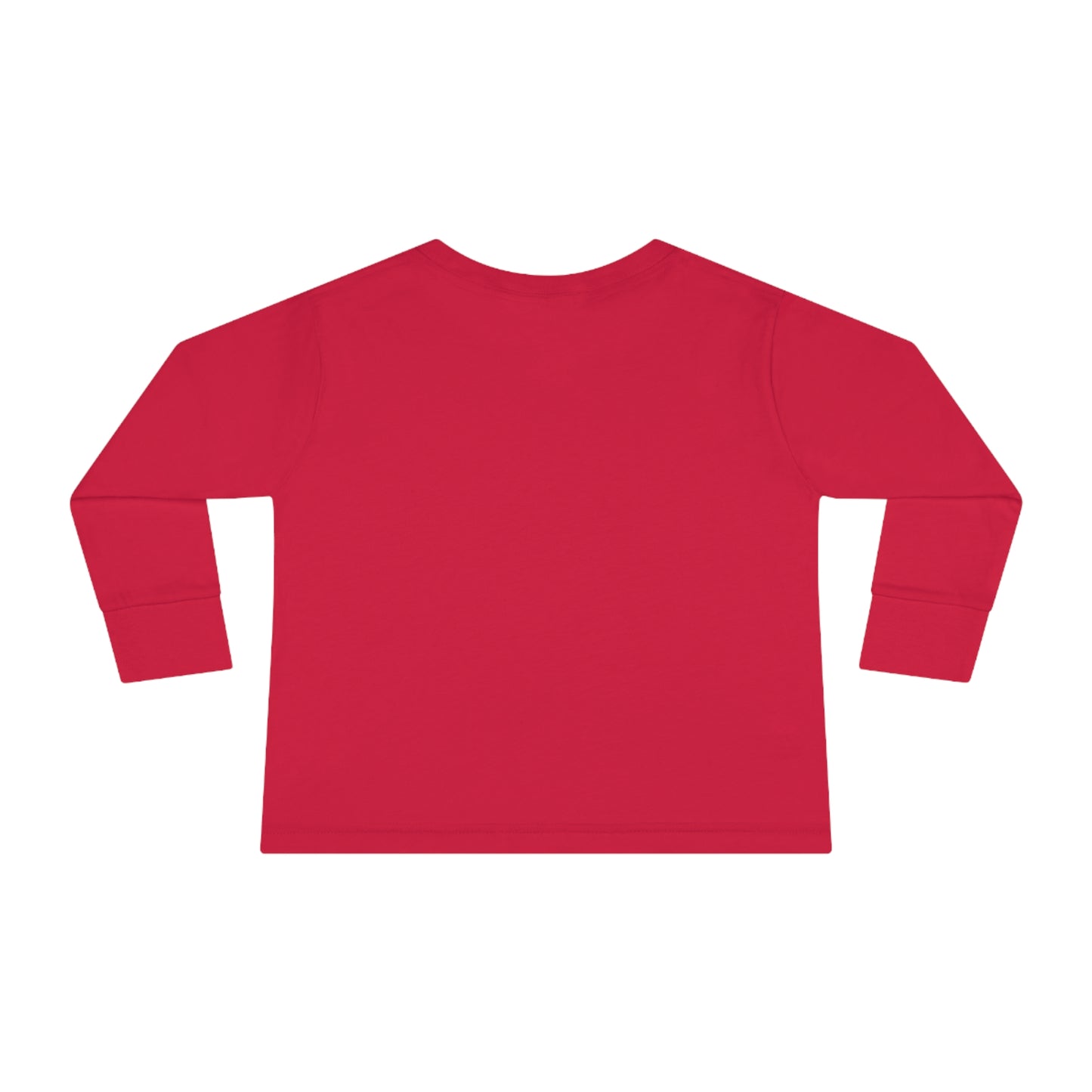 A Printify Kids Christmas Tree Long Sleeve Tee - Toddler Crew Neck T-Shirt, a toddler-sized red long-sleeved shirt on a white background, perfect for a holiday wardrobe.