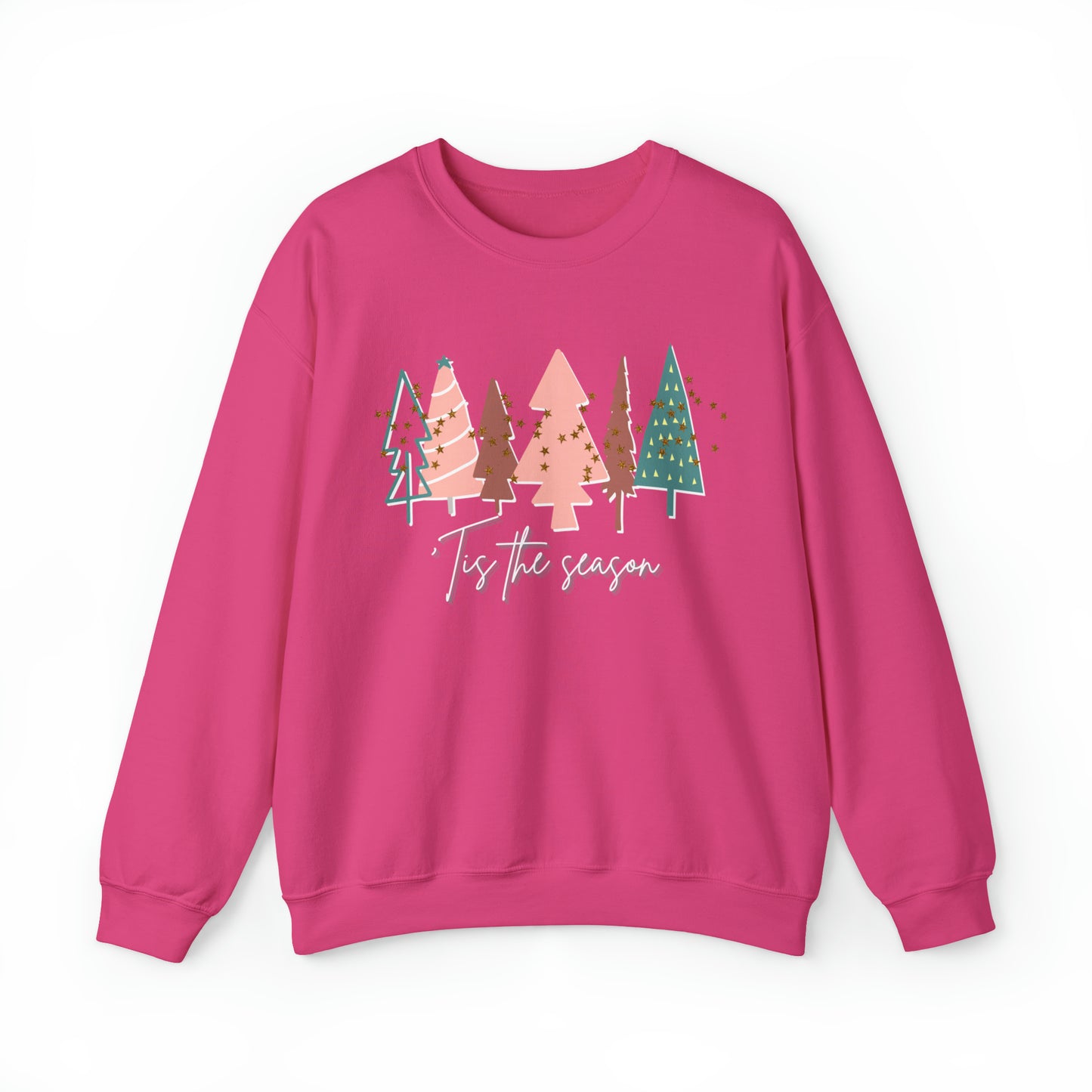 This cozy Printify Bright Pink Christmas Tree Sweatshirt is made with ethical production.