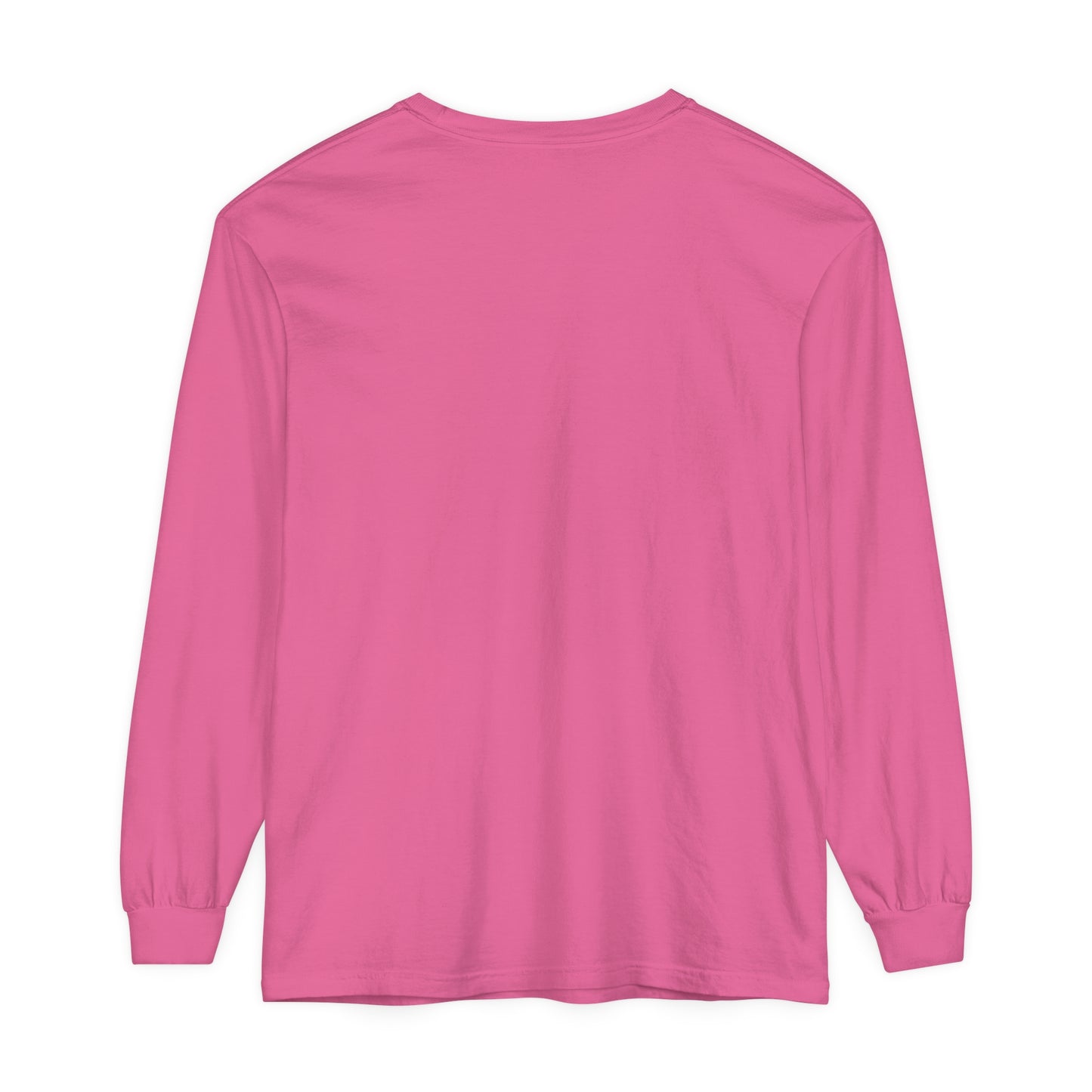 The back of a pink long sleeve Tis the Season Christmas Tree Shirt from Printify, combining comfort and style for your winter wardrobe.