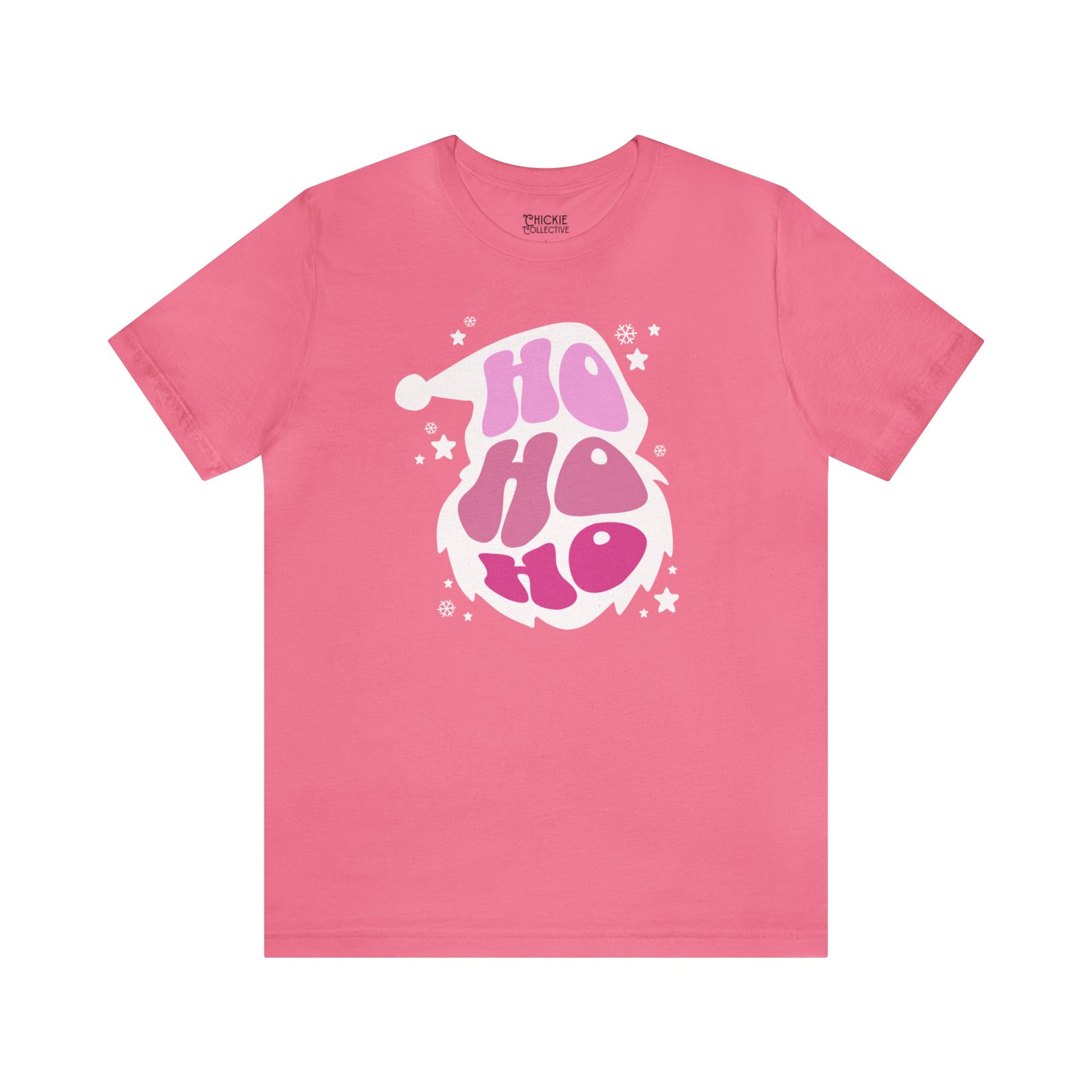 A lightweight pink Unisex Jersey Short Sleeve Tee with the words ho ho ho on it, made from jersey tee fabric by Printify.