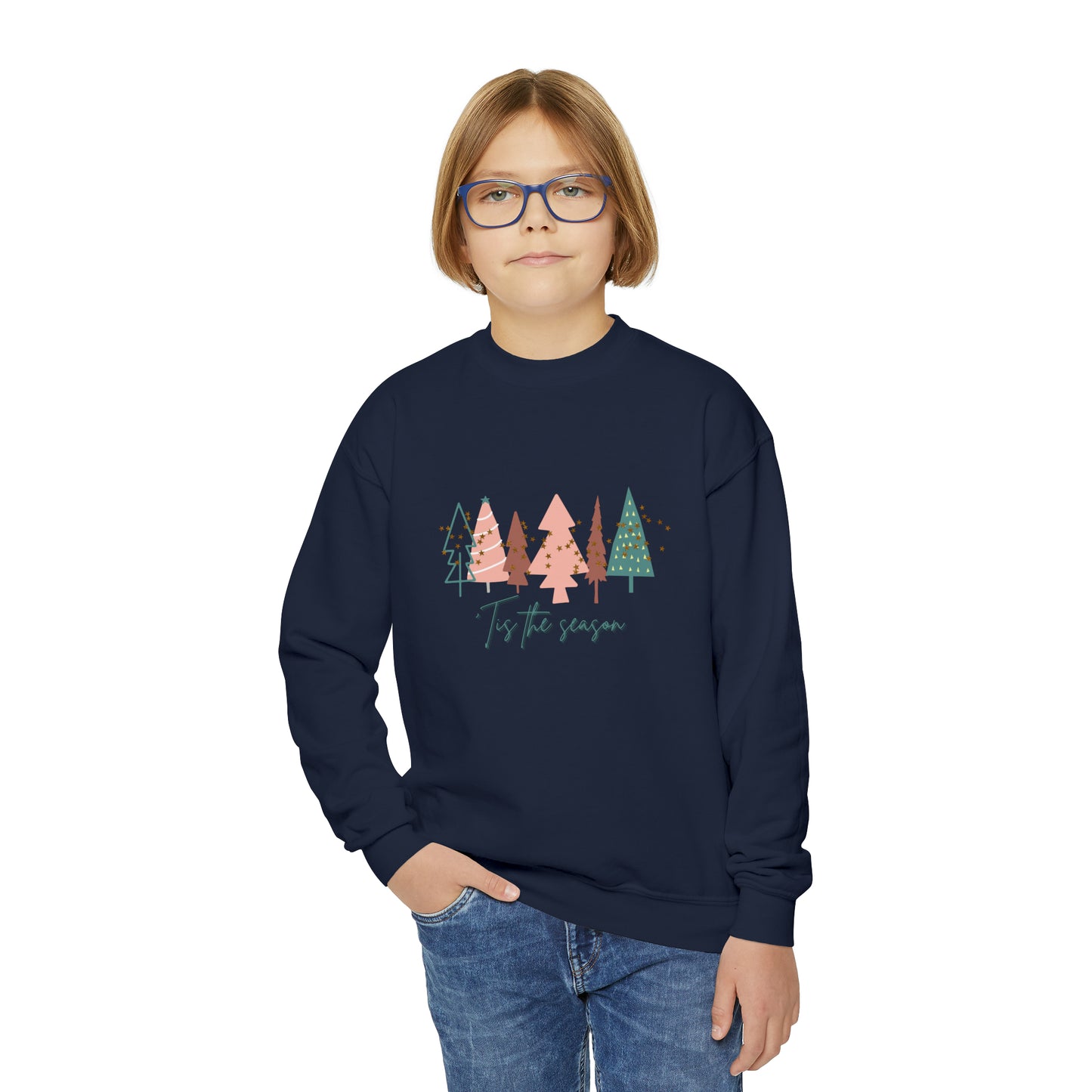 A young girl wearing a cozy Gildan Youth Sweatshirt with trees on it, perfect for the winter months by Printify.