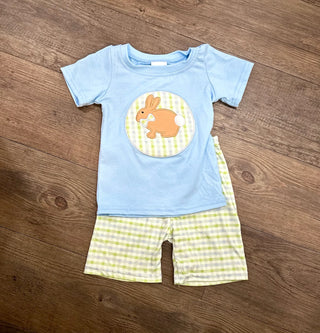 Rabbit Embroidery Cotton Shirt Plaid Shorts Boy - Chickie Collective