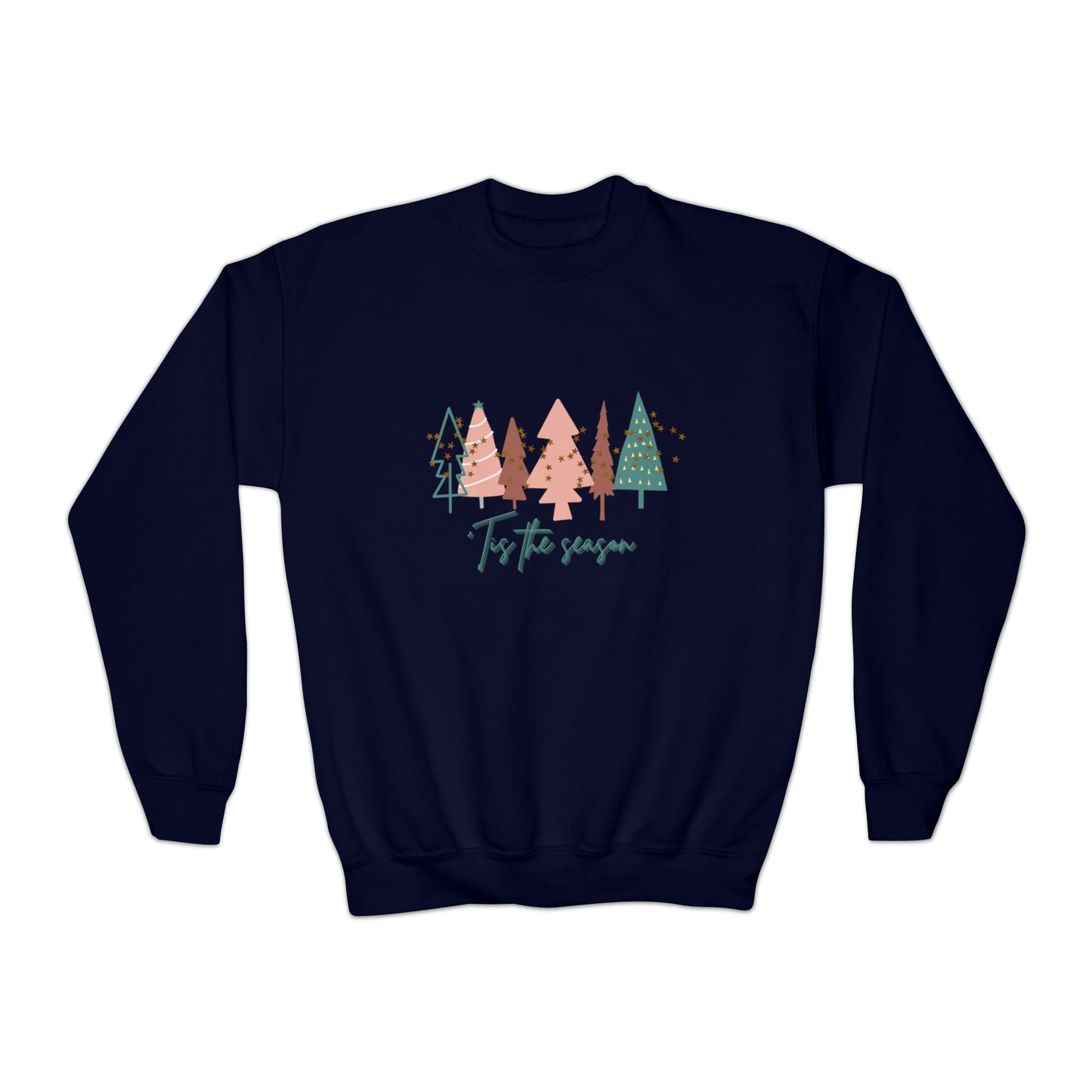 Embrace the cozy winter months with this festive Printify Christmas sweatshirt, showcasing the words "happy holidays" in navy.