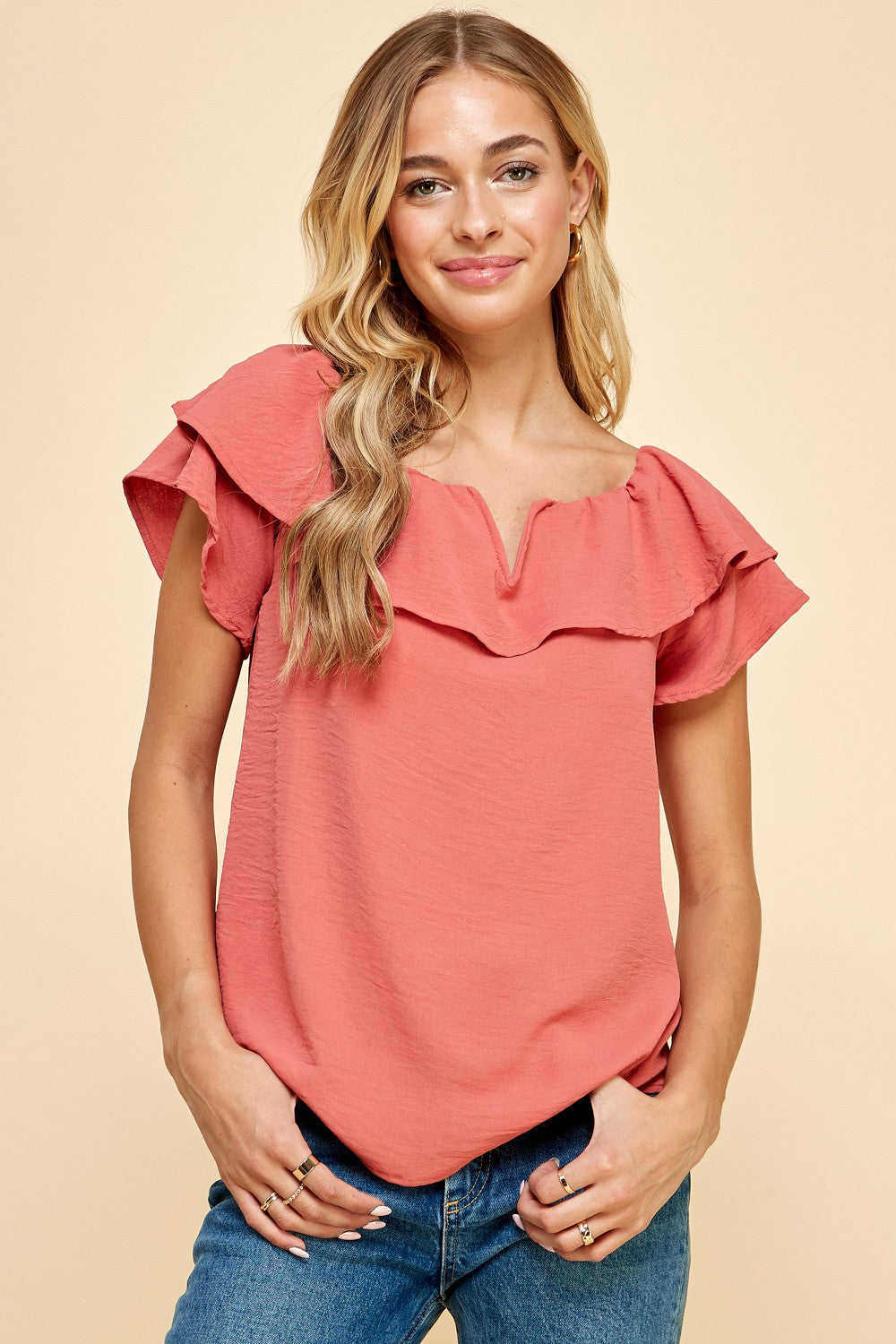 Coral Solid Top with Ruffle Sleeves from Les Amis Fashion