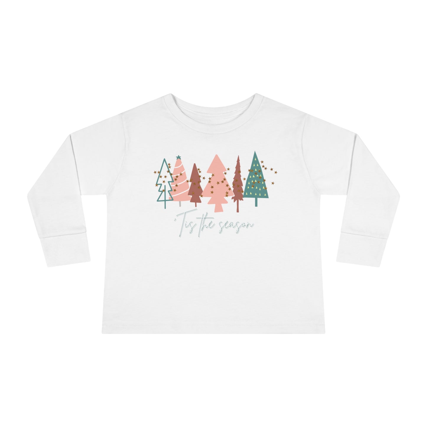 A white long-sleeved Kids Christmas Tree Long Sleeve Tee - Toddler Crew Neck T-Shirt by Printify, available in a variety of colors and adult sizes.