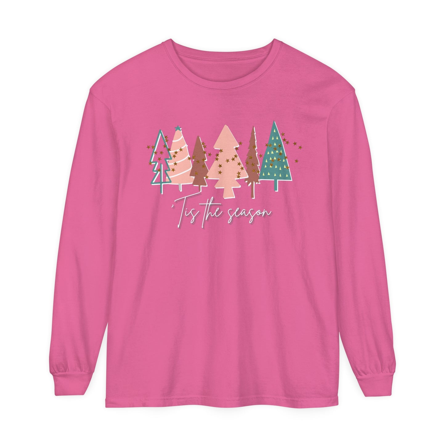 Stay cozy this winter with our Printify Merry Christmas long sleeve tee, perfect for adding a festive touch to your winter wardrobe. With its comfortable fit and standout holiday design, this Women's 'Tis the Season Crunchberry Pink Christmas Tree Shirt from Comfort Colors Holiday Tee is the ultimate Christmas T-shirt.