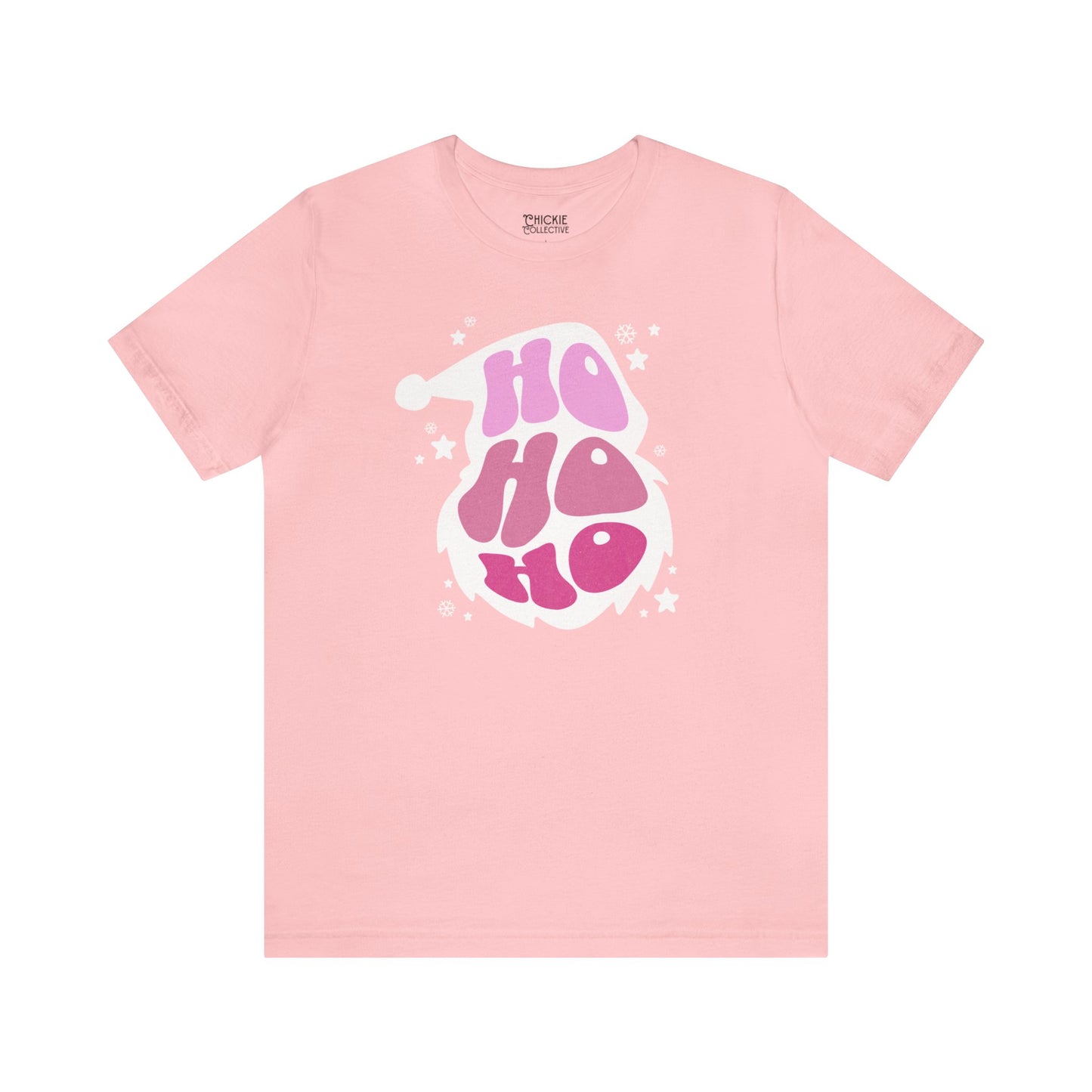 A lightweight Unisex Jersey Short Sleeve Tee in pink with the word ho ho on it from Printify.