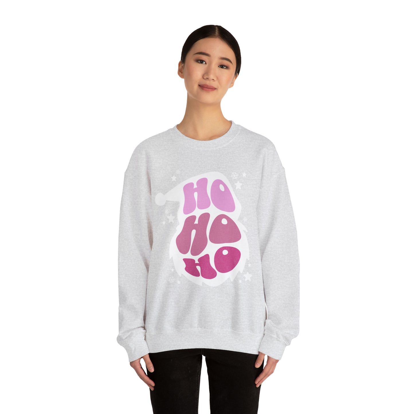 A woman wearing a comfortable Ho Ho Ho Santa Outline Pink Holiday Sweatshirt - Cozy Crewneck - Festive Christmas Sweate sweatshirt with the word 'oh' on it from Printify.
