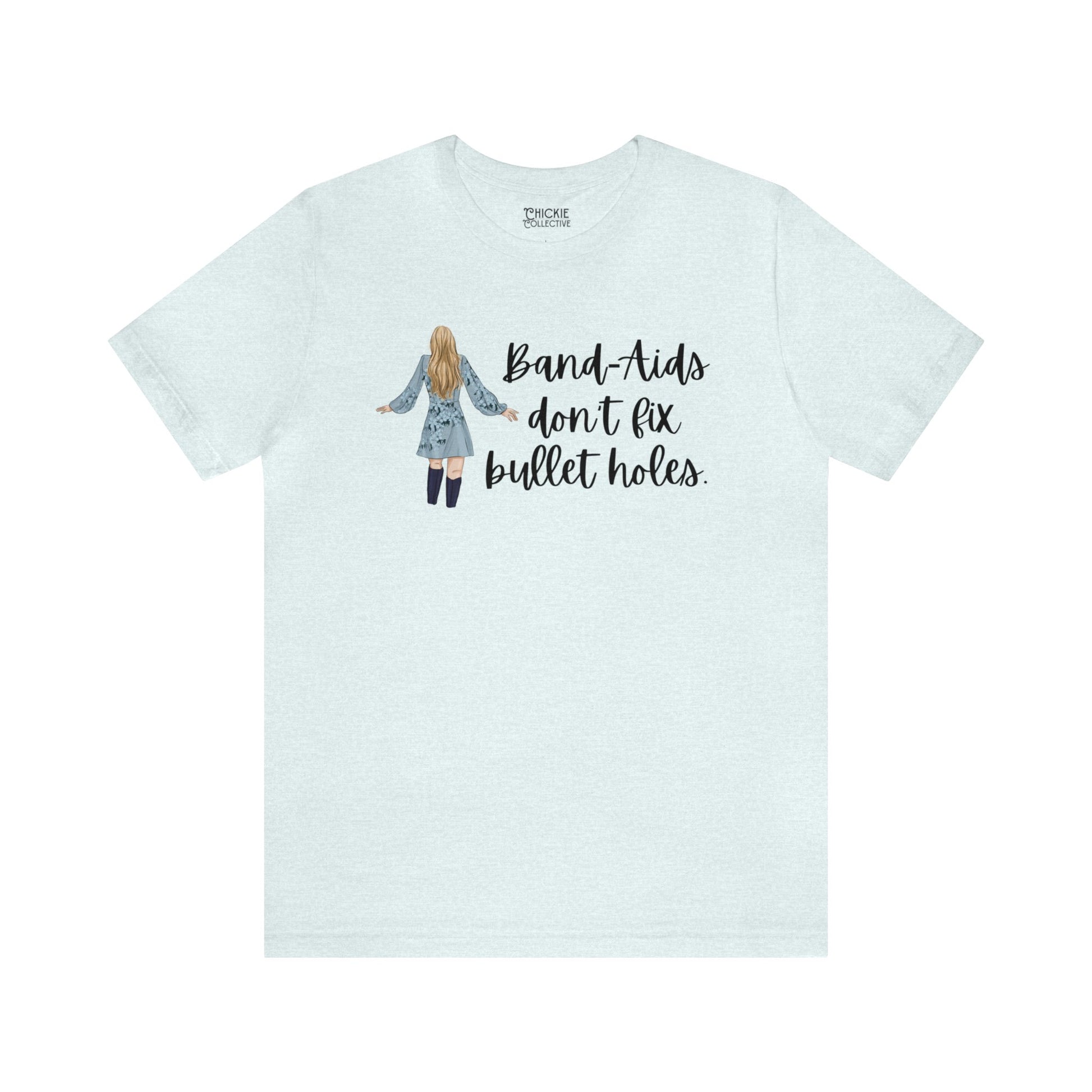 Taylor Swift Preppy Picture T-Shirt - Bandaids Don't Fix Bullet holes T-Shirt Heather Ice Blue S  - Chickie Collective