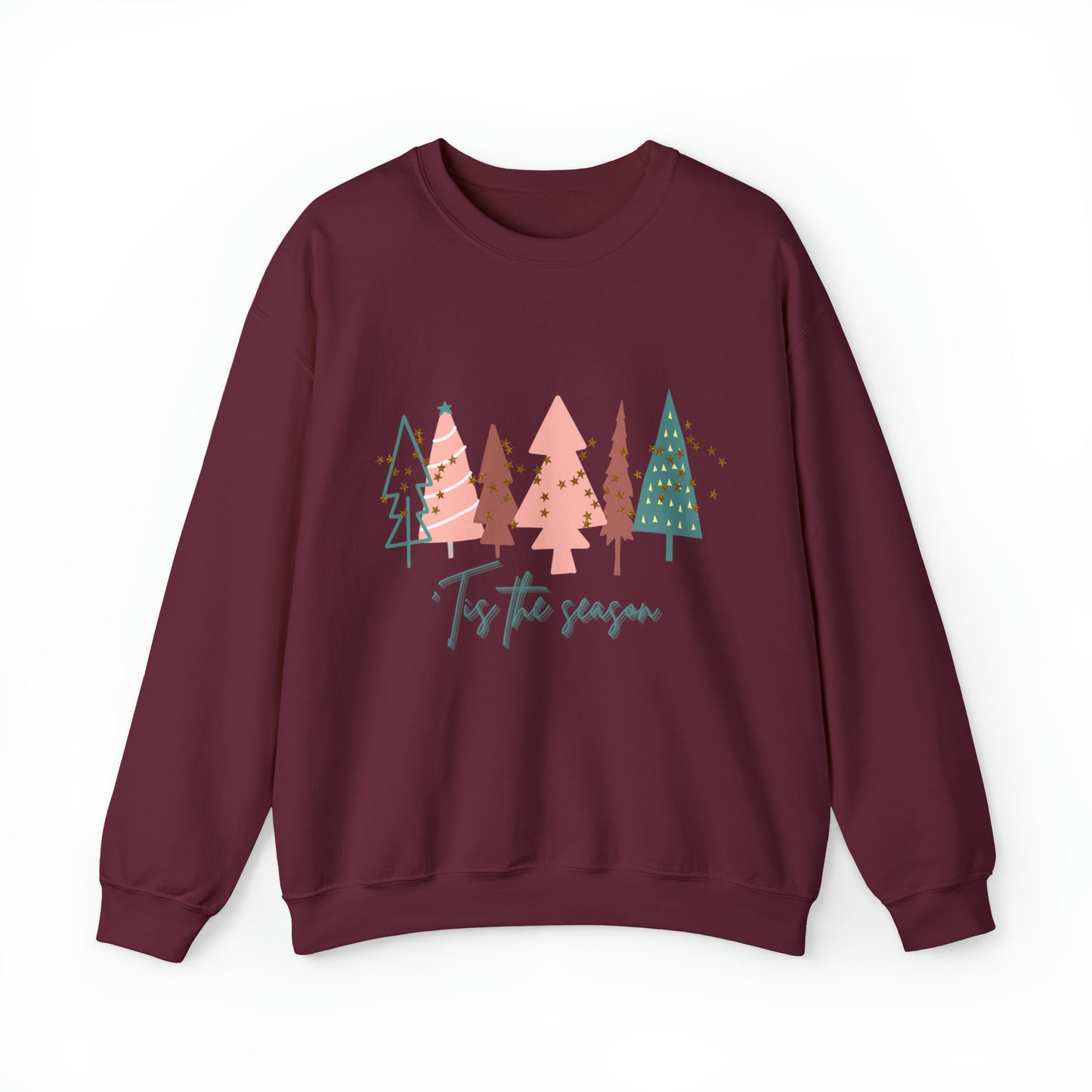 A cozy Printify Christmas Tree Sweatshirt with Christmas trees on it.