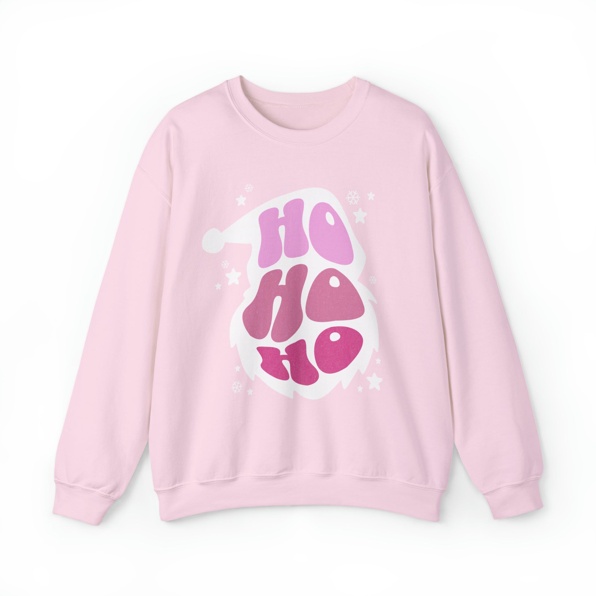 An effortlessly comfortable Ho Ho Ho Santa Outline Pink Holiday Sweatshirt - Cozy Crewneck - Festive Christmas Sweater with a stylish touch of the word ho ho on it, made by Printify.