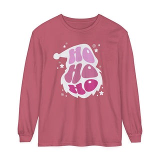 HO HO HO Santa Outline Pink Long Sleeve Tee - Cozy Comfort Colors Unisex Shirt - Crewneck Holiday tee Long-sleeve Crimson S  - Chickie Collective