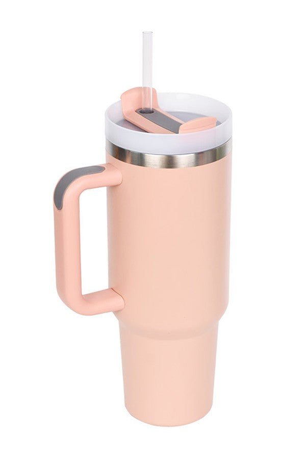 A Hotline Wholesale 40oz Stainless Tumbler with Handle with a straw sticking out of it.