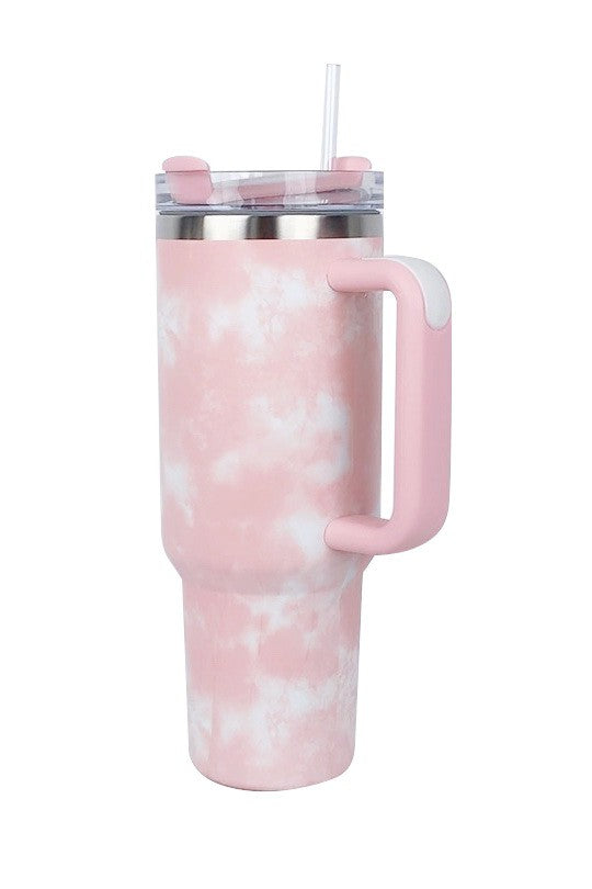 A pink and white Hotline Wholesale 40oz Stainless Tumbler with Handle.