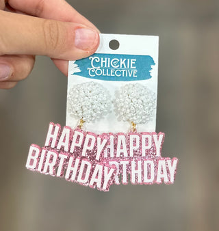 Pink Happy Birthday Pom Pom Earrings Earrings - Chickie Collective