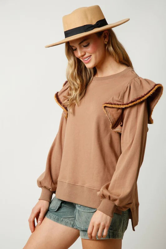 Shimmery Tinsel Ruffle Shoulder Pullover in autumn tan color.