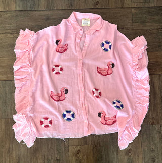 Flamingo Sequin Poncho Shirt Women's Top - Chickie Collective