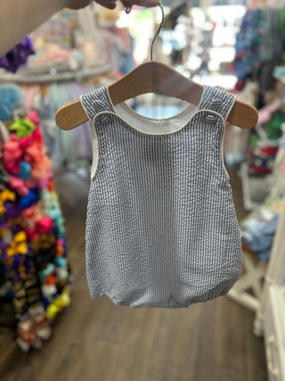 Classic Dark Blue Seersucker Baby Bubble Romper - Chickie Collective