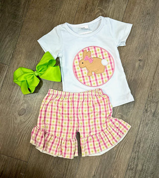 Rabbit Embroidery Cotton Shirt Plaid Shorts Girls - Chickie Collective