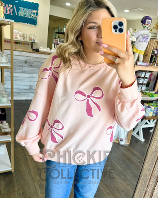 Apricot Pink Sparkly Bowknot Oversized Sweatshirt with Drop Shoulders Women's Top - Chickie Collective