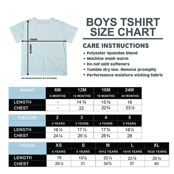 Boys t-shirt size chart for Vive La Fete Southeastern Louisiana Lions Green T-Shirt Stripes On Sleeve.