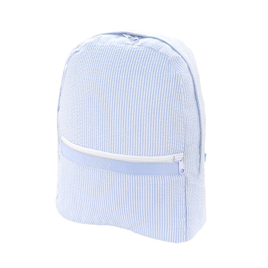A Mint Seersucker Backpack in Blue with a zipper.