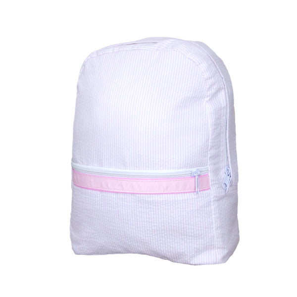A Mint Seersucker Backpack | Pink with a pink stripe on the side.