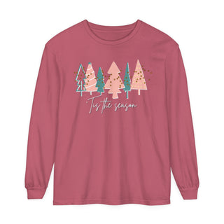 Women's 'Tis the Season Crimson Red Christmas Tree Shirt | Comfort Colors Holiday Tee Long-sleeve Crimson S  - Chickie Collective