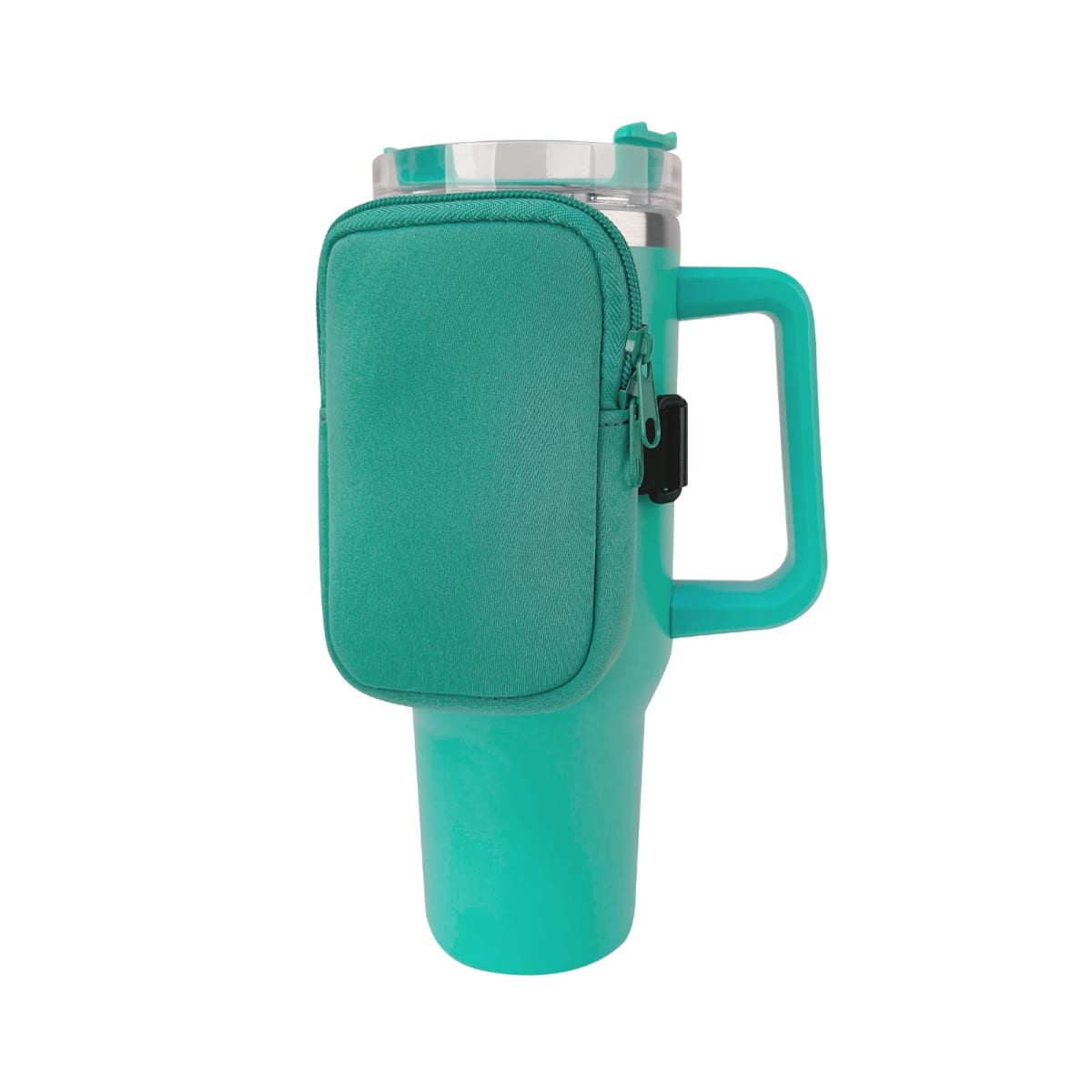 a teal Tumbler Zip Pouch travel mug with a sleeve and handle by Kaydee Lynn.