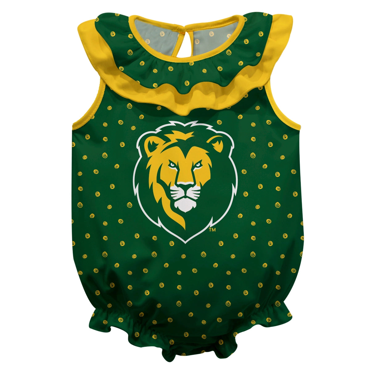 A Southeastern Lions Swirls green and yellow lion romper with polka dots, made by Vive La Fete.