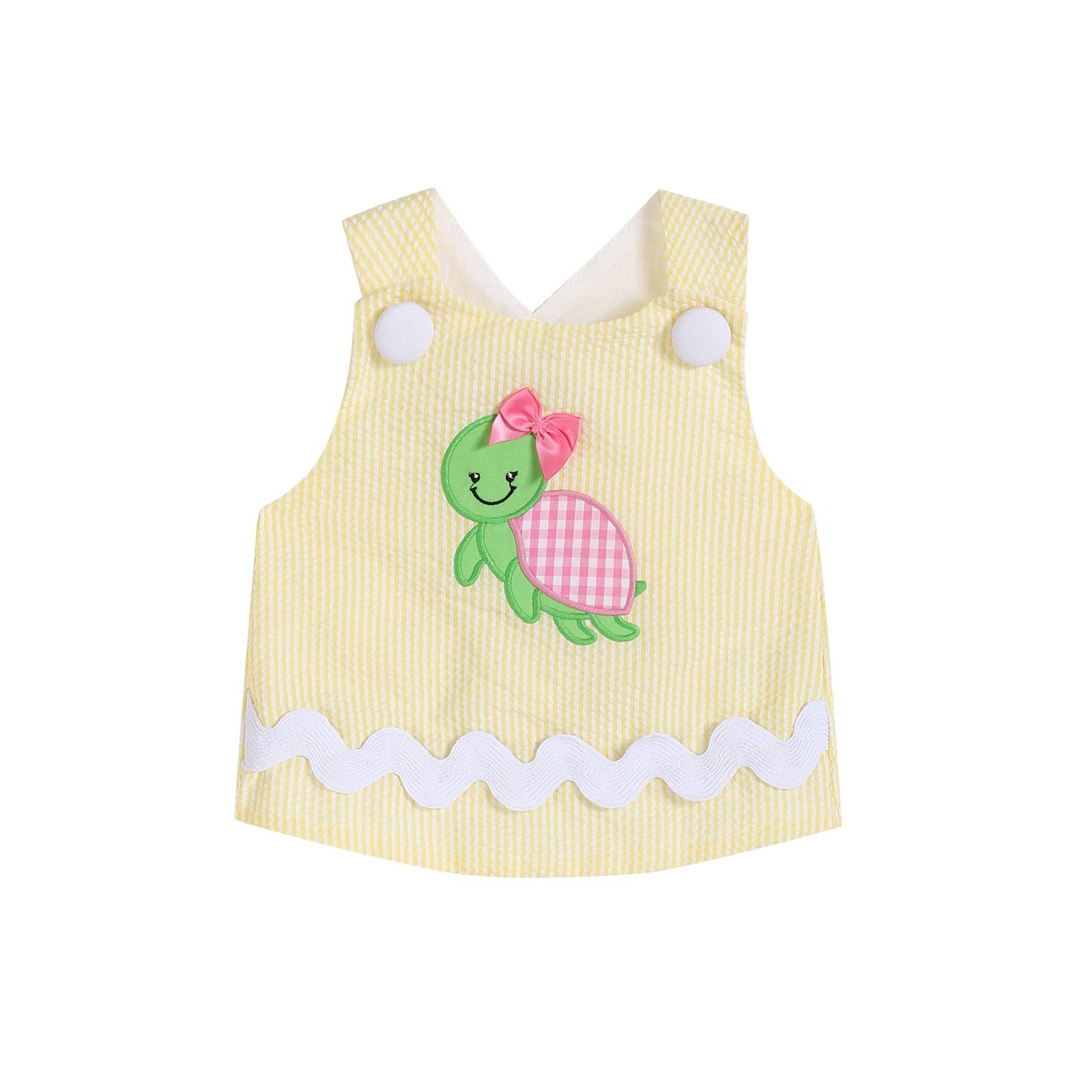 An adorable Yellow Seersucker Turtle 2pc Baby Bloomer Set: 12-18M by Lil Cactus with a cute pink turtle on it.