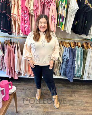 Embroidered Bow Oversized Lantern Sleeve Sweatshirt in Parchment Sweater - Chickie Collective