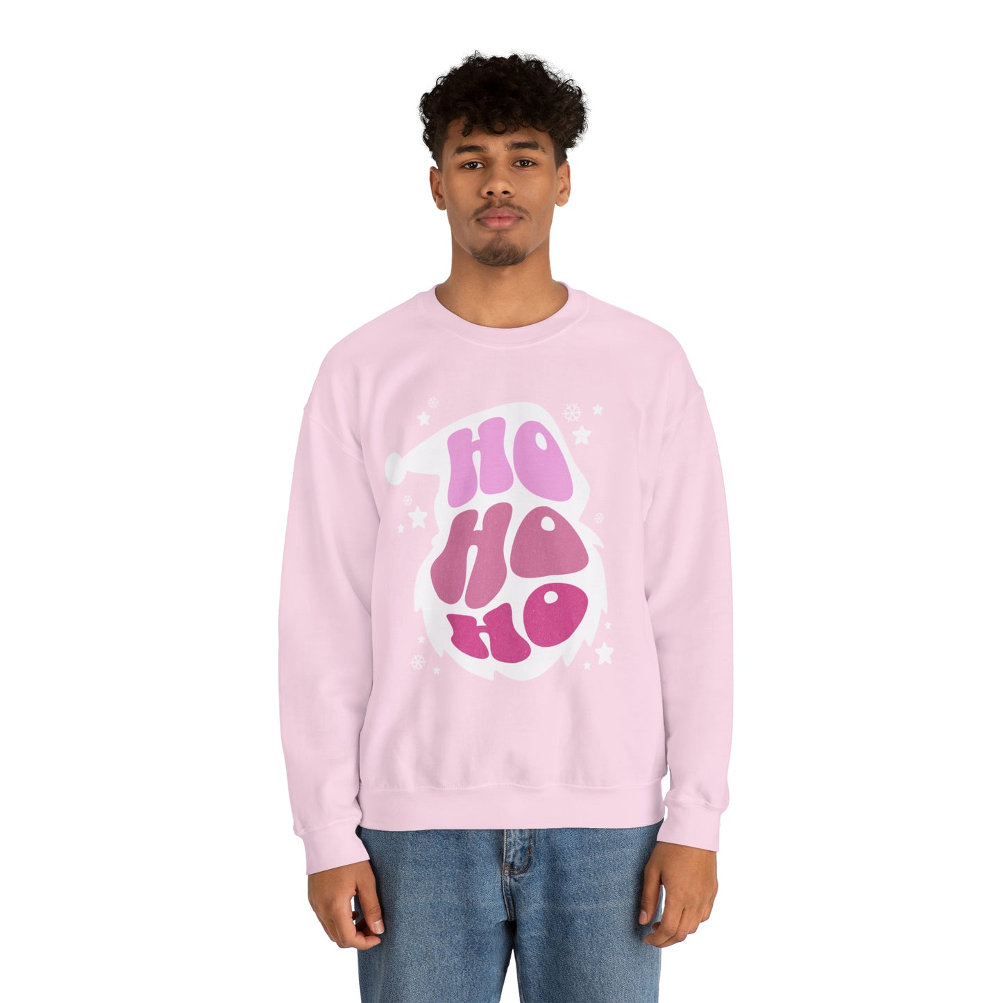 A man wearing a Printify Ho Ho Ho Santa Outline Pink Holiday Sweatshirt - Cozy Crewneck - Festive Christmas Sweater, combining comfort and style with the word "oh" on it.