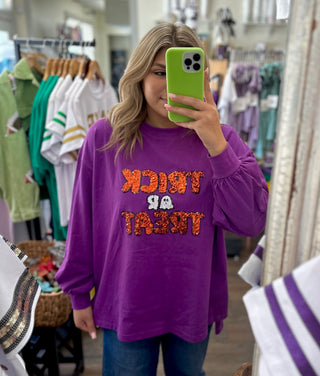 Purple Trick-or-Treat Sequin Sweatshirt     - Chickie Collective