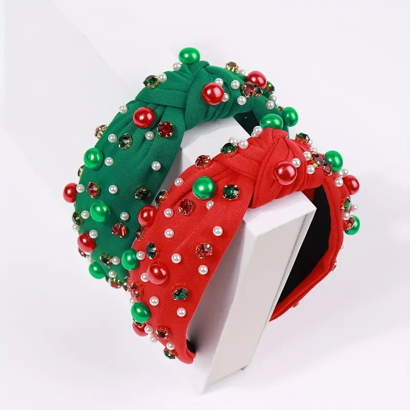 Two Chickie Collective Christmas Knotted Headbands With Rhinestone Faux Pearls and red and green beads.