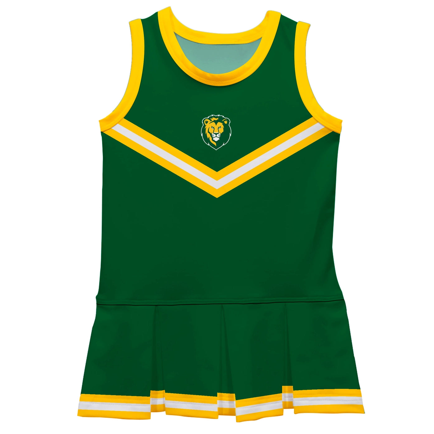 A Vive La Fete Southeastern Lions Cheer Set, featuring a green and yellow cheerleader dress.