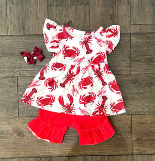 Crawfish Crab Print Flutter Sleeve Red Shorts Girls Summer Outfit - Chickie Collective