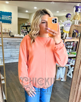 Elegant Pearled Sleeve Drop Shoulder Sweatshirt Women's Top - Chickie Collective