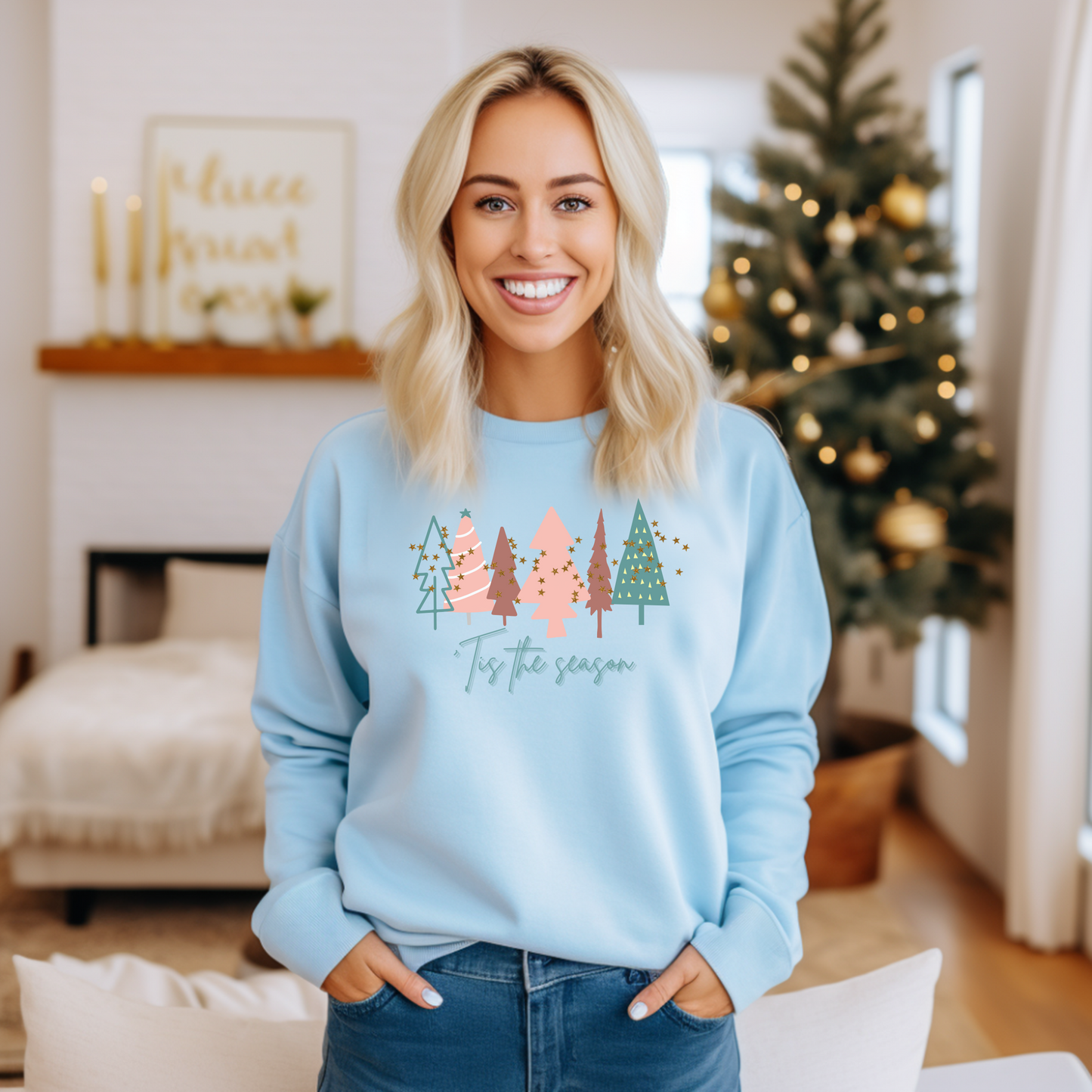 Light Blue Christmas Tree Sweatshirt |  Crewneck, Christmas Tree Sweatshirt, Holiday Sweaters for Women, Winter Sweatshirt