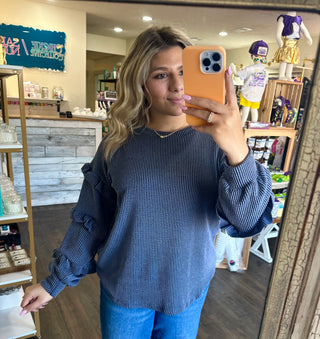 Chic Ruffle-Trimmed Solid Ribbed Knit Sweater Shirt - Chickie Collective