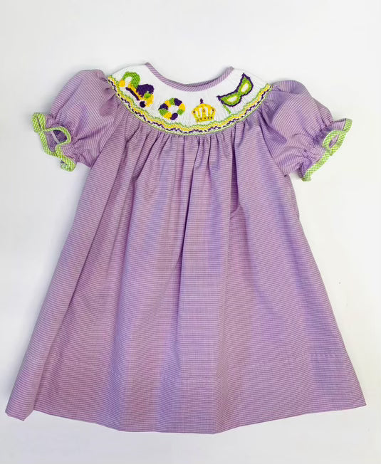Lulu Bebe's Mardi Gras Smocked Ruff Dress: Stand Out at Festive Occasions.