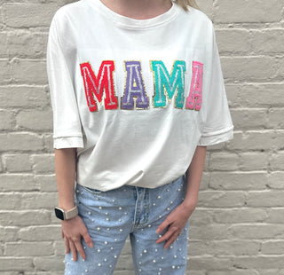 White MAMA Chenille Patched Crew Neck T Shirt for Moms Womens T-Shirt - Chickie Collective