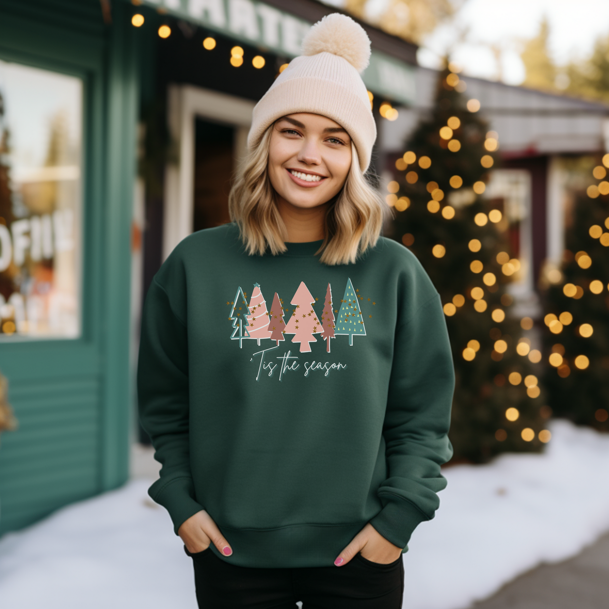 A woman wearing a Printify Forest Green Christmas Tree Sweatshirt adorned with Forest Green Christmas trees perfect for her holiday wardrobe.