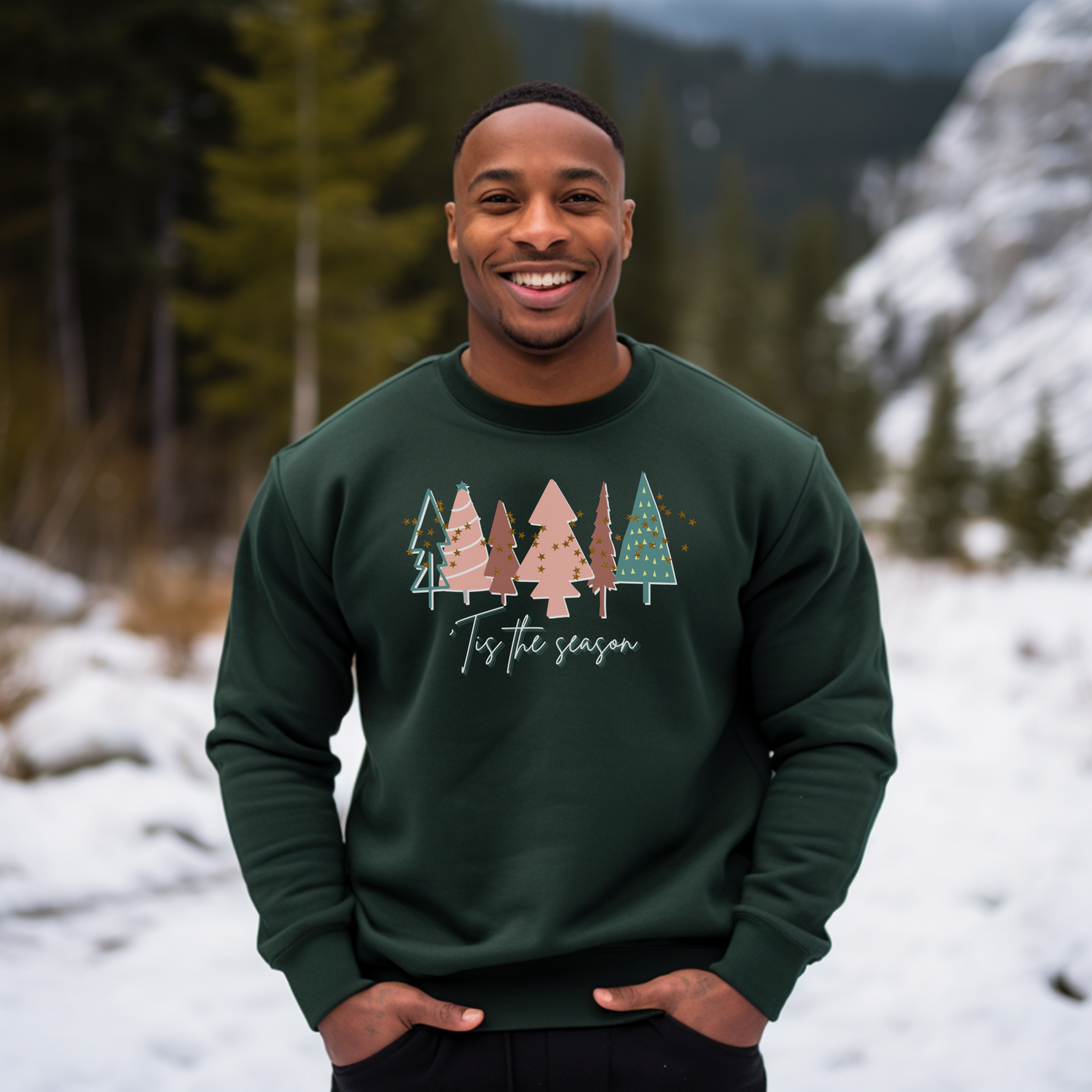 A man donning a Printify Forest Green Christmas Tree Sweatshirt with trees on it, a perfect addition to his holiday wardrobe.