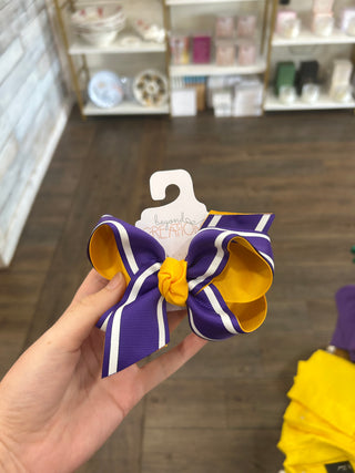 Purple and Gold Bow with White Bold Stripes Kids Hair Accessories - Chickie Collective